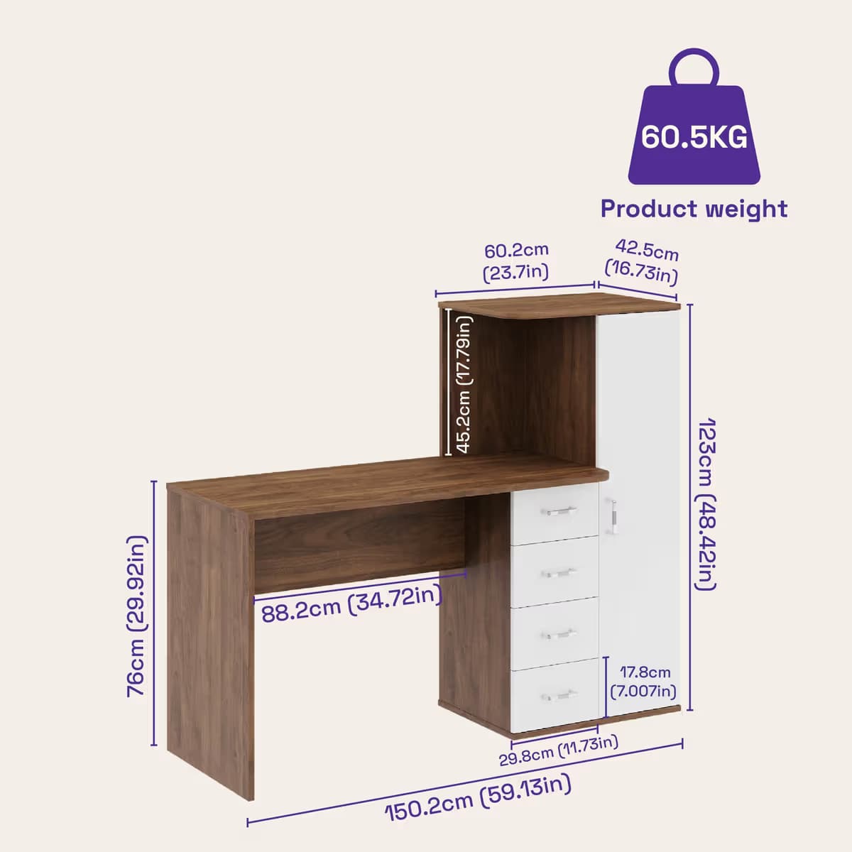 Engineered Wood Study Table – Columbian Walnut & Frosty White
