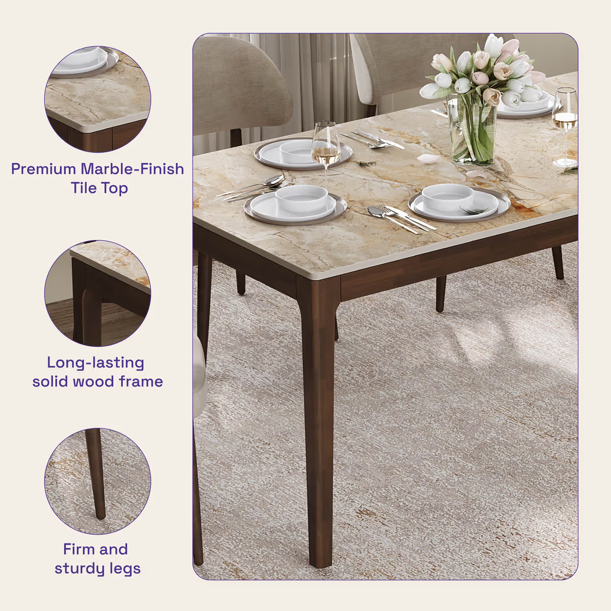 6 seater Dining Table - With Marble finish Top