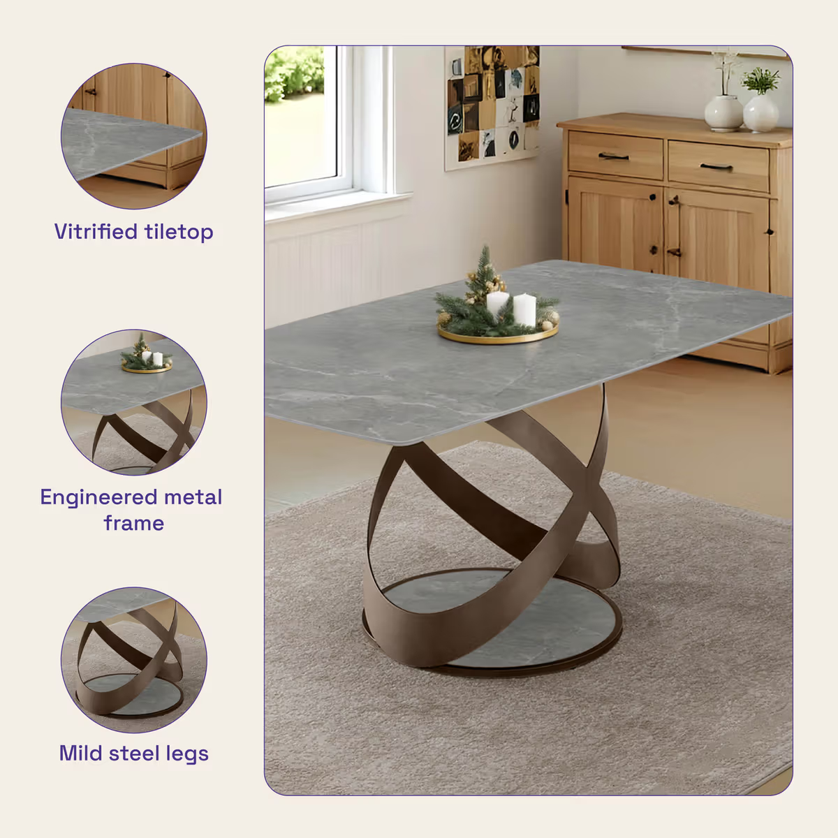 6 Seater Dining Set - Omani Grey & Leth Grey