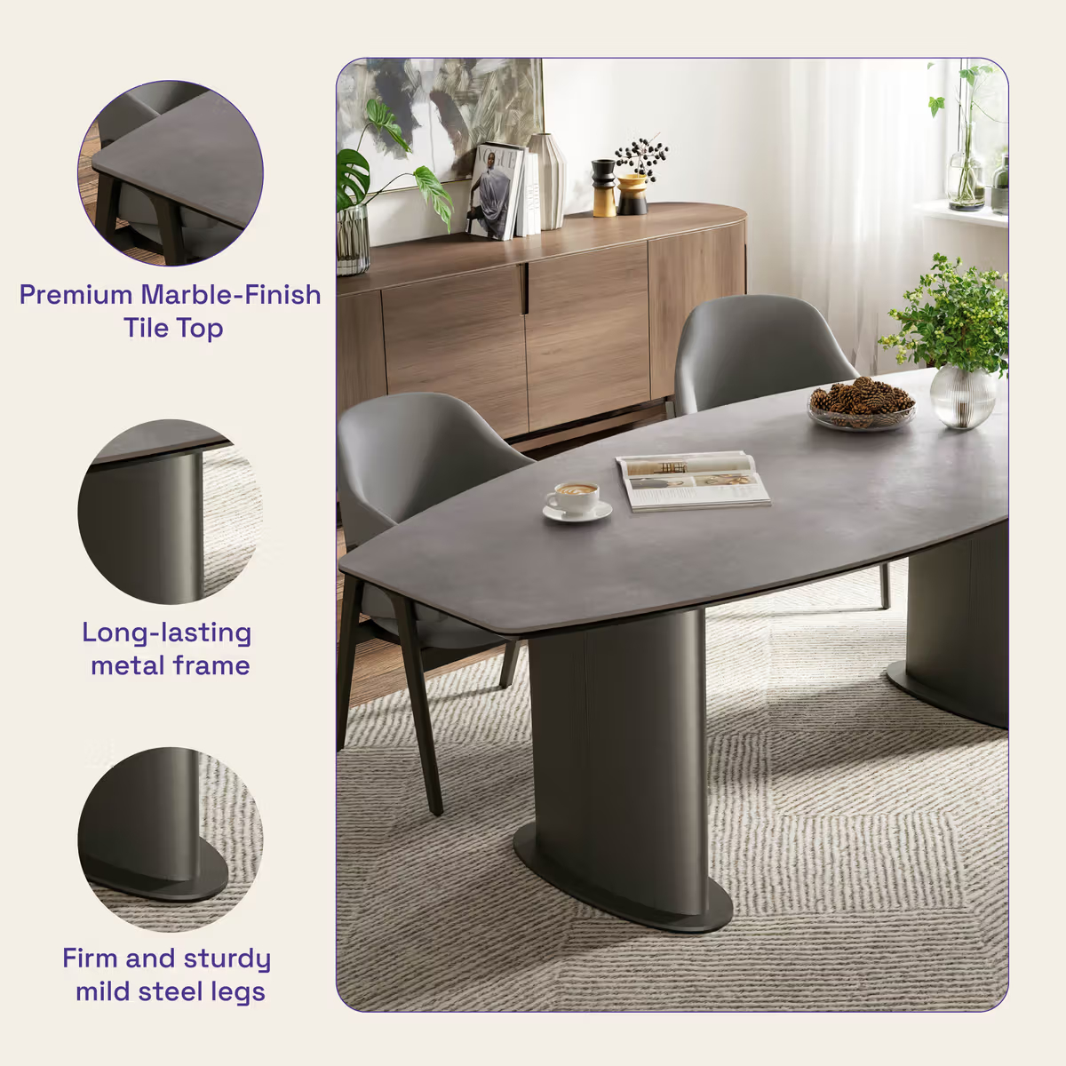 Dining Table - Cement Grey - 6 Seater I Marble Finish