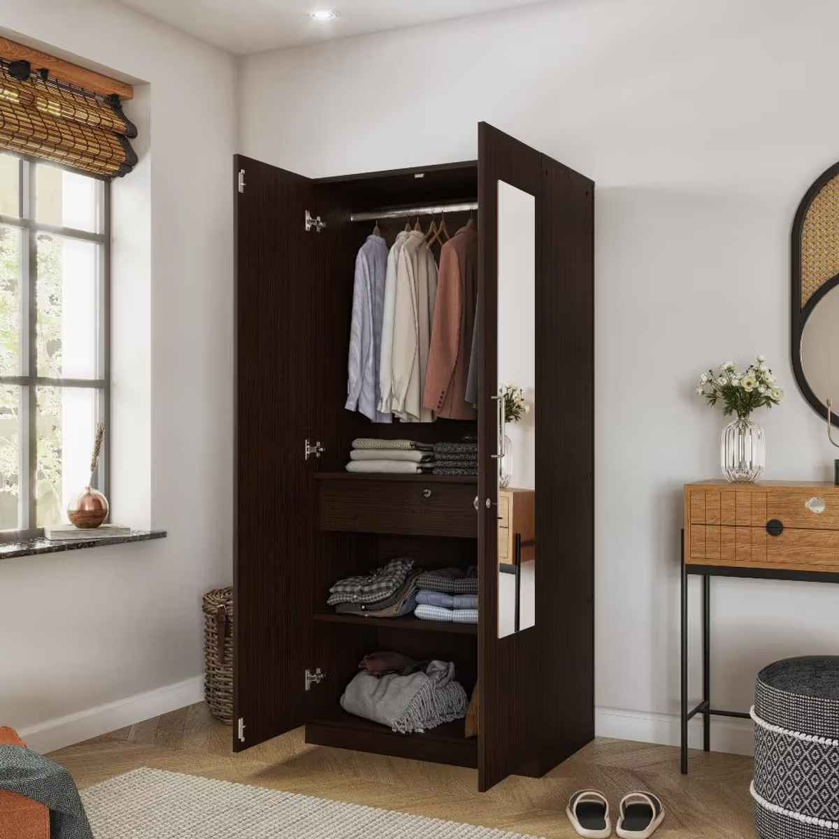 2 Door Wardrobe with Drawer, Mirror and 1 Hanging Space