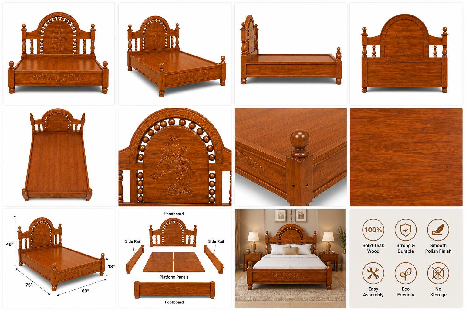 Arch1 Queen Non Storage kerala teak wood - glossy teak finish - hover