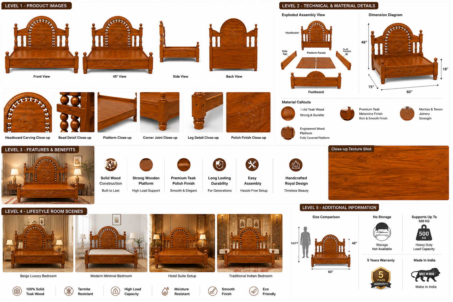 Arch1 Queen Non Storage kerala teak wood - glossy teak finish