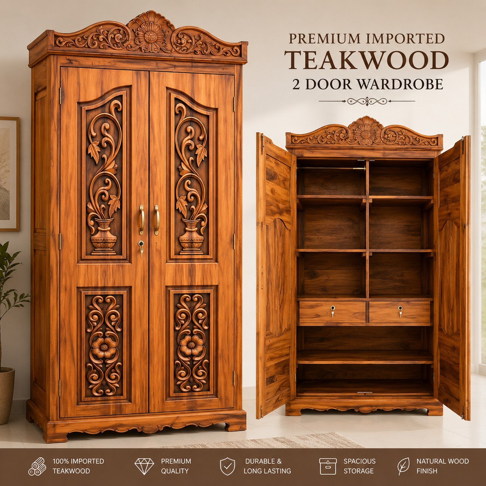 N1-2panel 2 Door with 5 Shelves 2 Drawer with no mirror-3.5feet