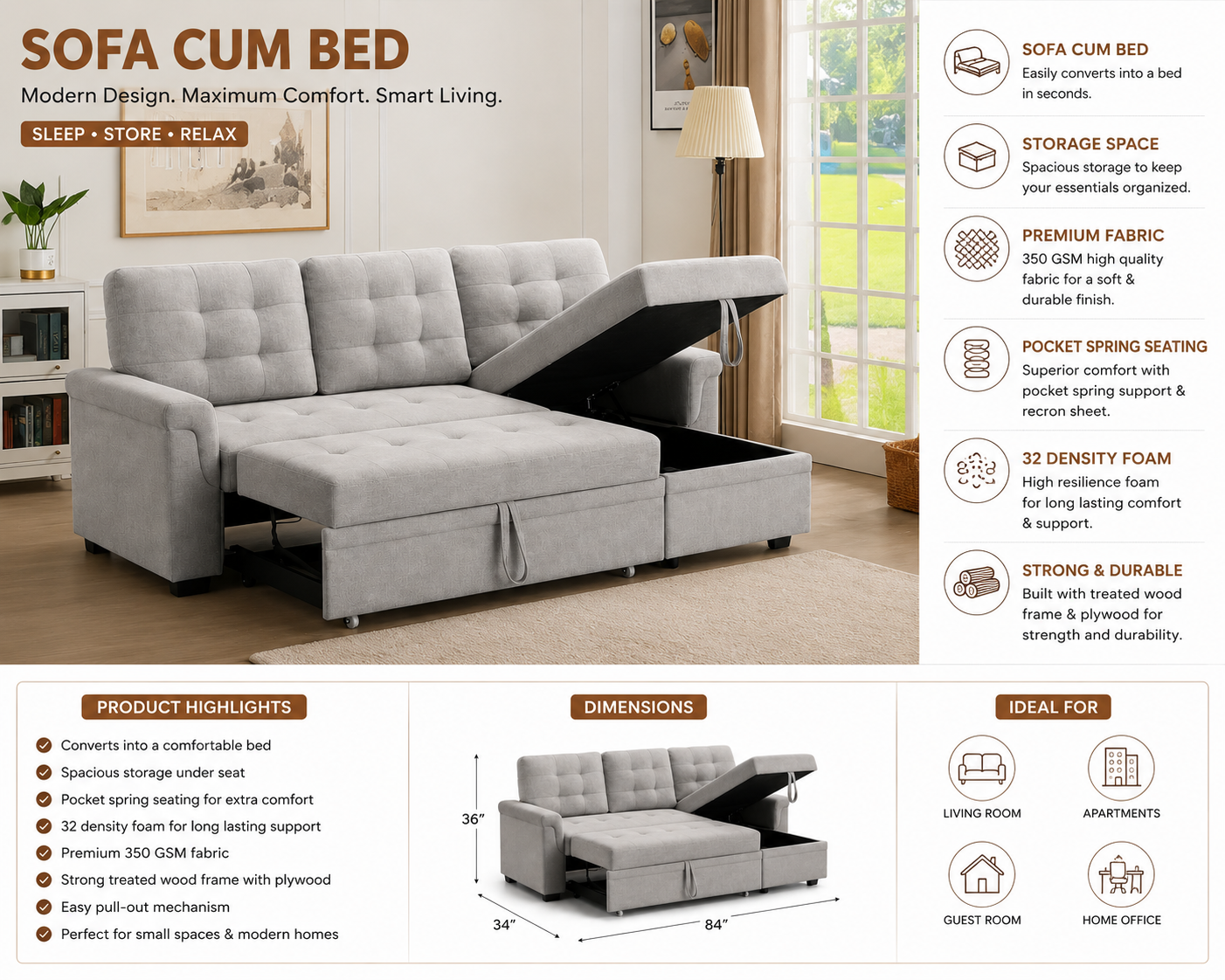 Sofa Cum Bed with lounge