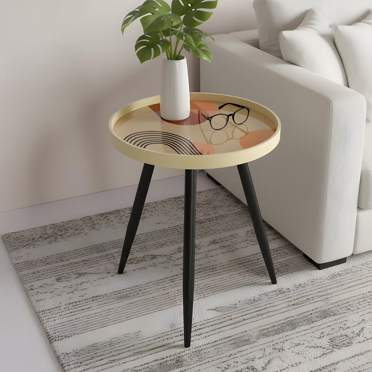 Printed Round Side Table with Multicolour Top